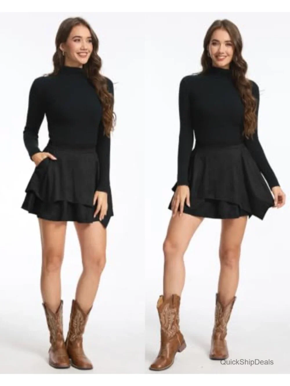 High Waisted Faux Suede Layered Mini Skirt with Pockets Western Cowgirl